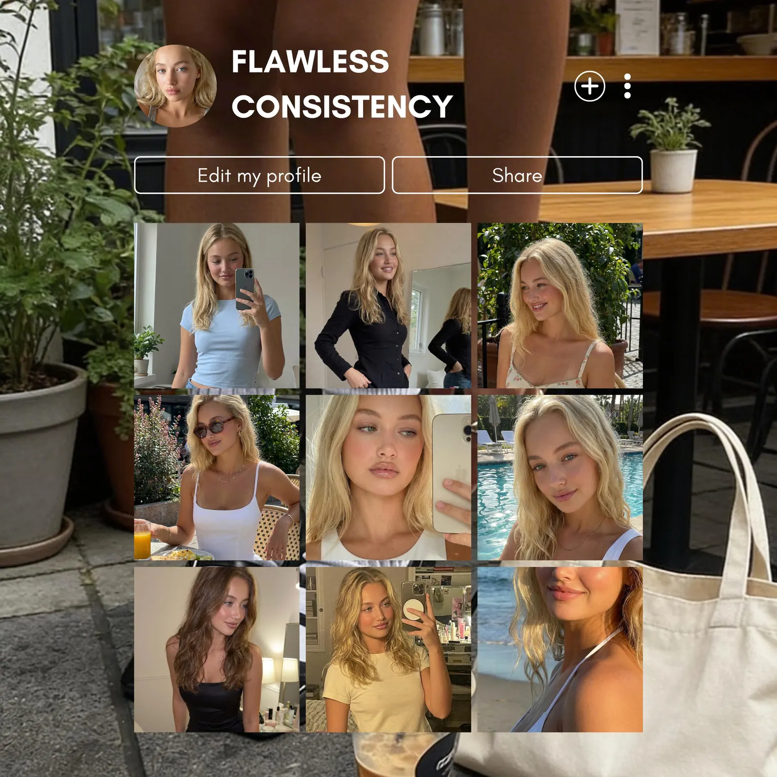 The same character across nine lifestyle photos
